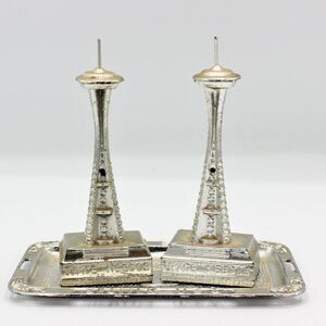 Vintage Space Needle Salt & Pepper Shakers Silver Metal Tray Japan with Stoppers